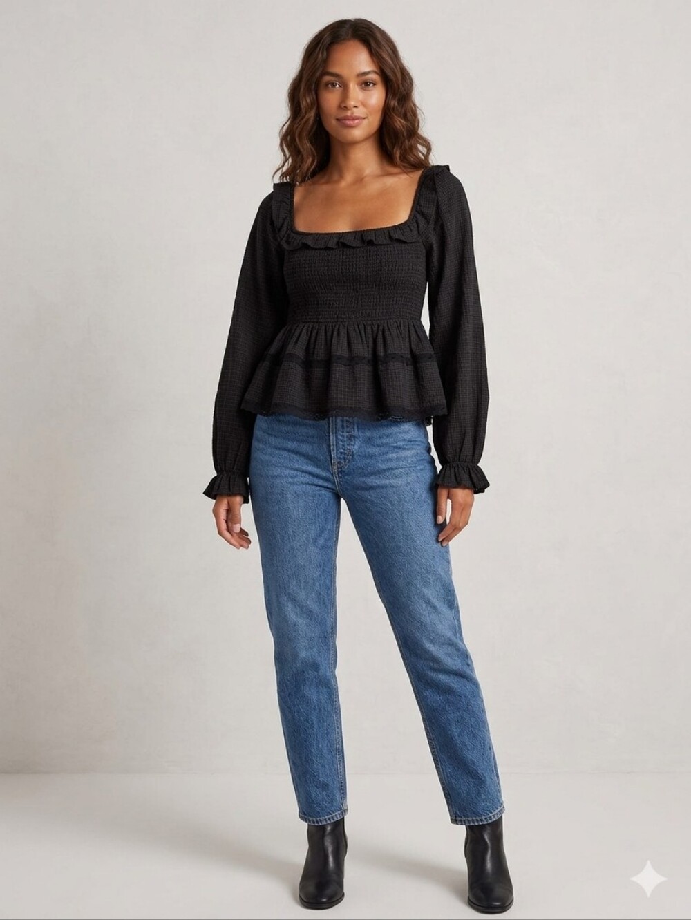 Hyfve Smocked Ruffle Long-Sleeve Top in Charcoal/Black, Size Large